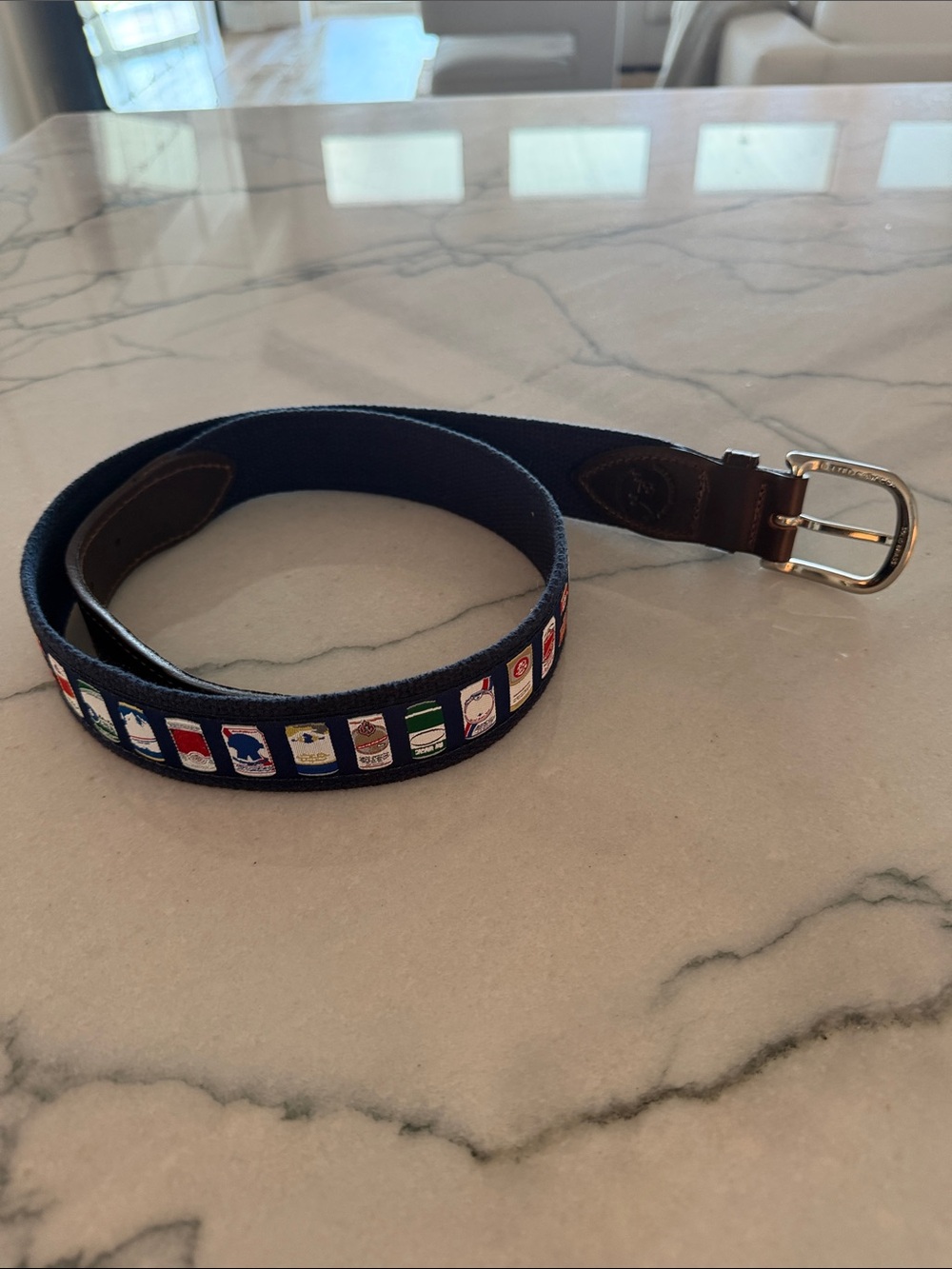 Navy Embroidered Canvas Belted Cow  Belt with Beverage Motif - Men